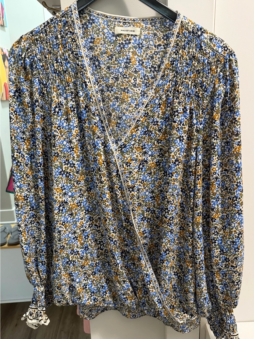 Max Studio Blue and Mustard Floral Wrap-Style Blouse